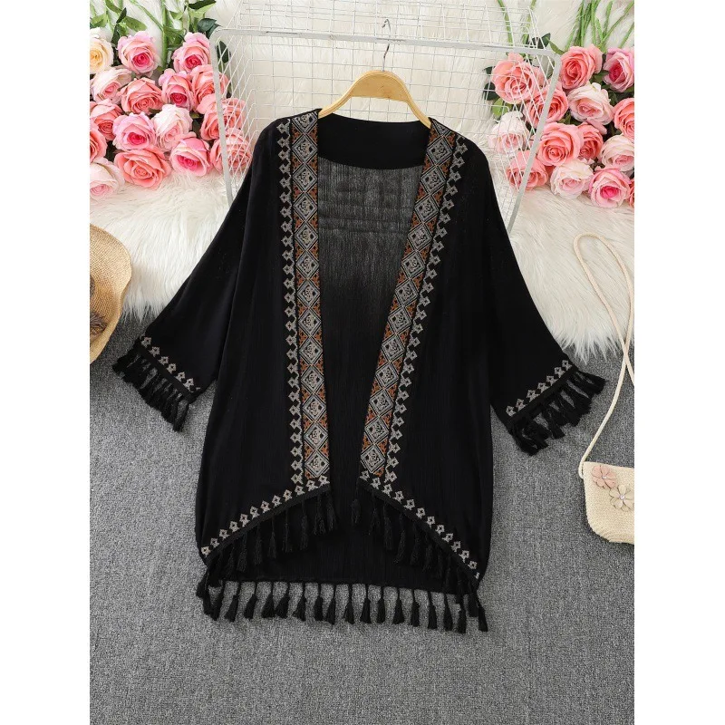 

Spring and Summer New Listing Cardigan Bohemian Retro Style Embroidery Sunscreen Jacket Vacation Mid-length Tassel Cardigan