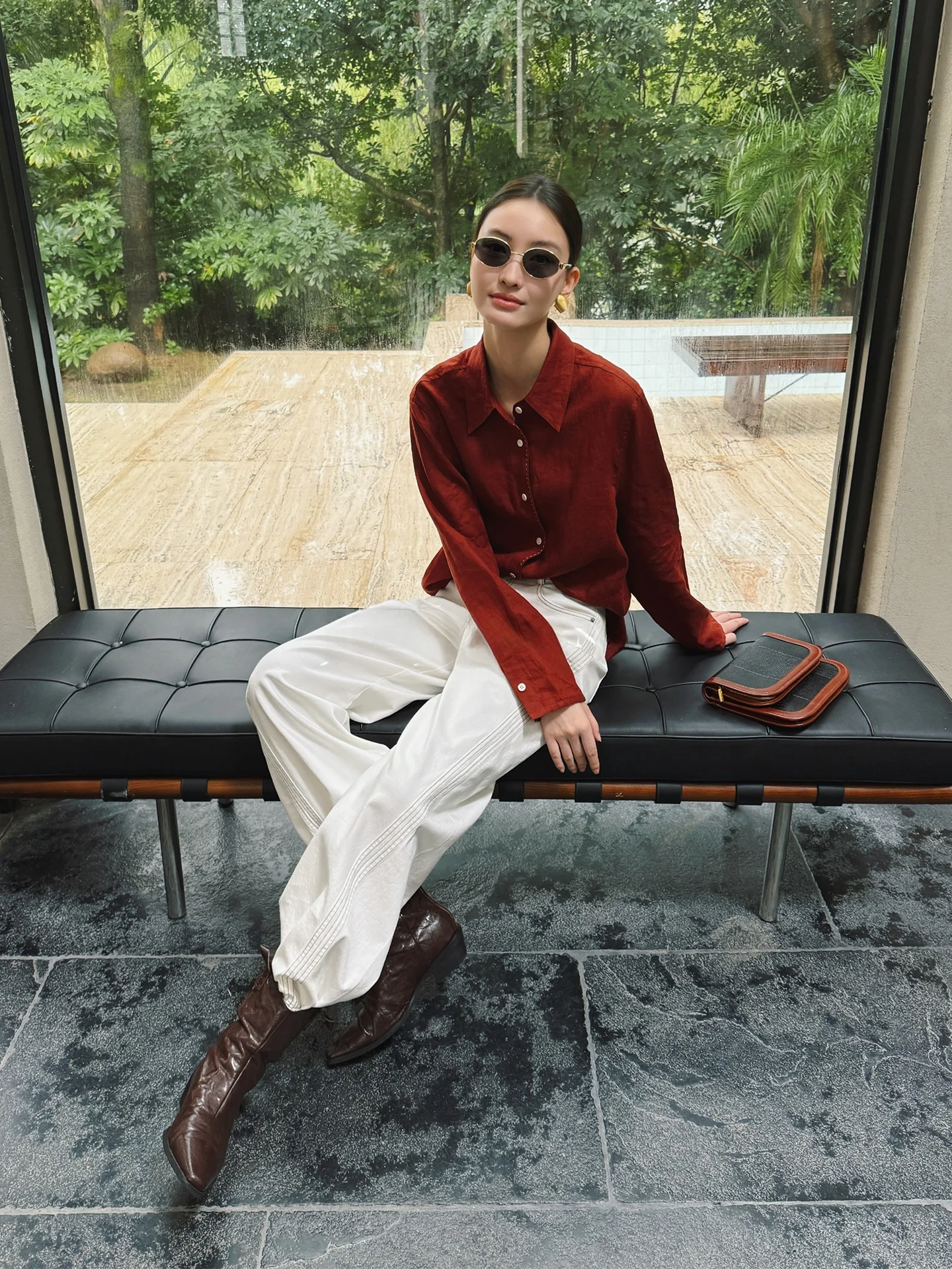 

Jieji Zhang Spring Design Red Long Sve Loose Fit Collared Linen Women's irt Casual Sle Stand Thin ort Length