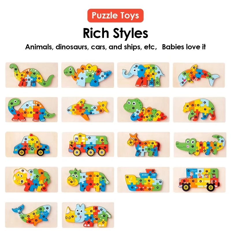 Rompecabezas 3D de madera para niños, rompecabezas educativo de animales de dibujos animados, aprendizaje temprano, inteligencia cognitiva, juguetes