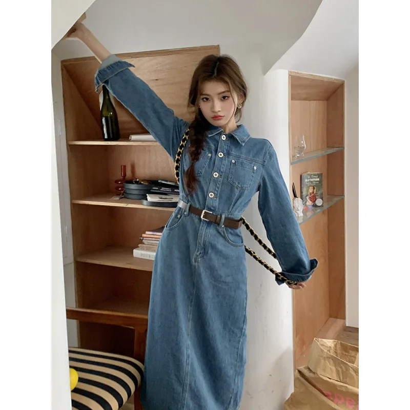 Minimalist Blue Denim Midi Dress For Women Long Sleeve Button Down Back Slit Hem Shirt Dress  Belt High Waist Casual Jean Dress