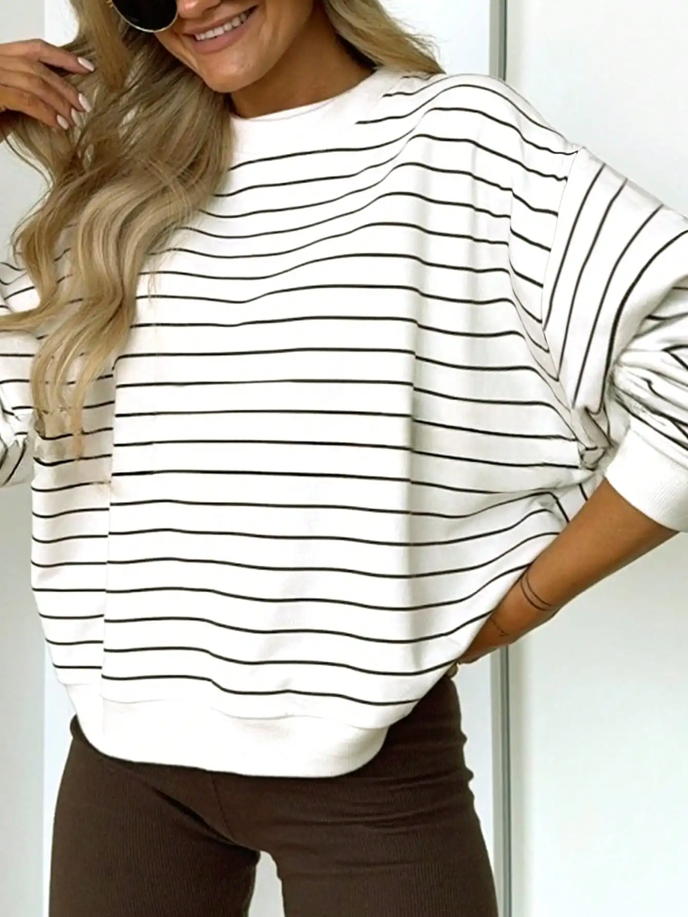 Women's Black & White Striped Long Sleeve Sweatshirt, Casual Minimalist Style, Autumn Loose Fit