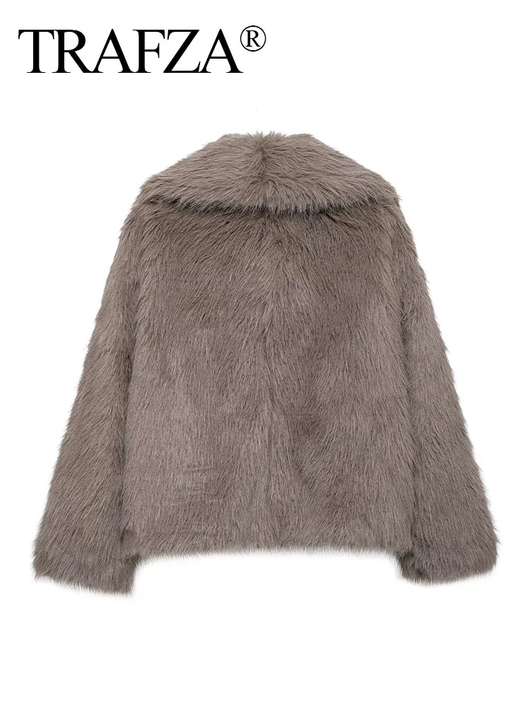TRAFZA Elegant Woman Winter Turn-Down Collar Long Sleeve Warm Loose Outerwear Women Short Faux Fur Jackets Casual Coat Mujer