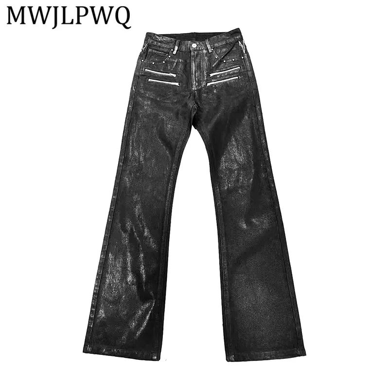 

MWJLPWQ Skinny Dark Metal Waxed Irregular Stacked Jeans For Men High Street Zipper Line Design Slimming Casual Trousers 14833