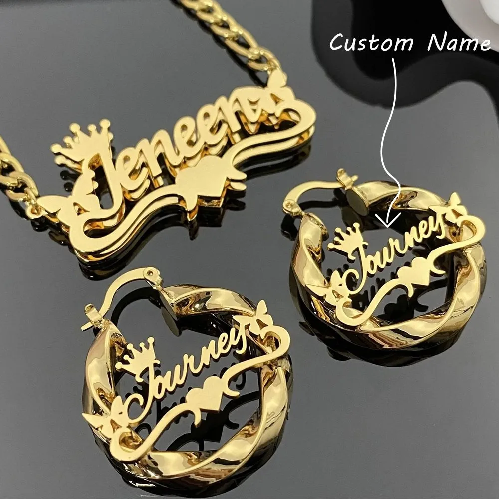 

Name Necklace Personalized Custom Name Necklace Earrings Set Butterfly Crown 18K Gold Plated Jewelry for Women Birthday Gifts