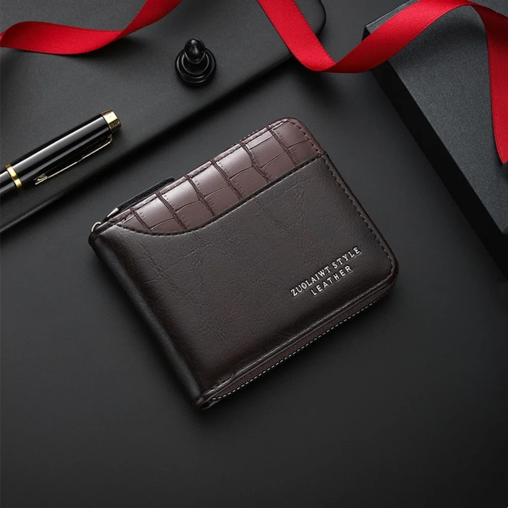Vintage Men's Short Wallet PU Leather Zipper Folding Wallets Splicing Stone Pattern Large Capacity Coin Purse Multi Card Holder