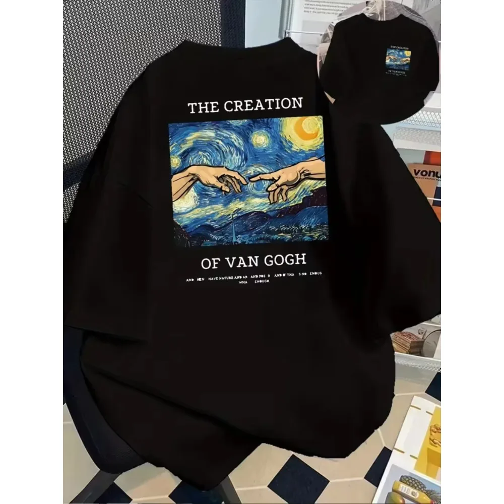 Van Gogh Starry Sky Oil Painting Tops Cute Printed Men and Women Same Sleeve T-shirt Summer Street Loose Round Neck Short Sleeve