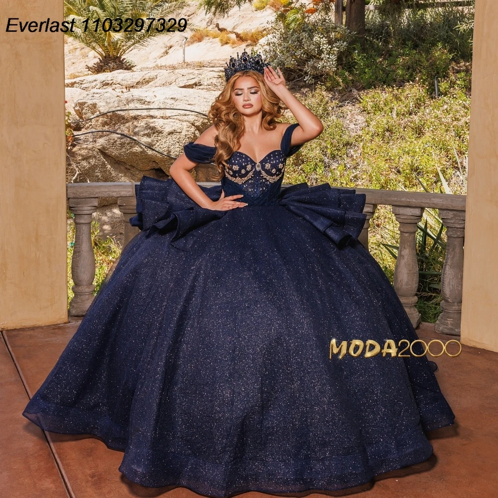 EVLAST Mexican Navy Blue Quinceanera Dress Ball Gown Applique corsetto a strati di cristallo con perline Sweet 16 Vestido De 15 Anos TQD923