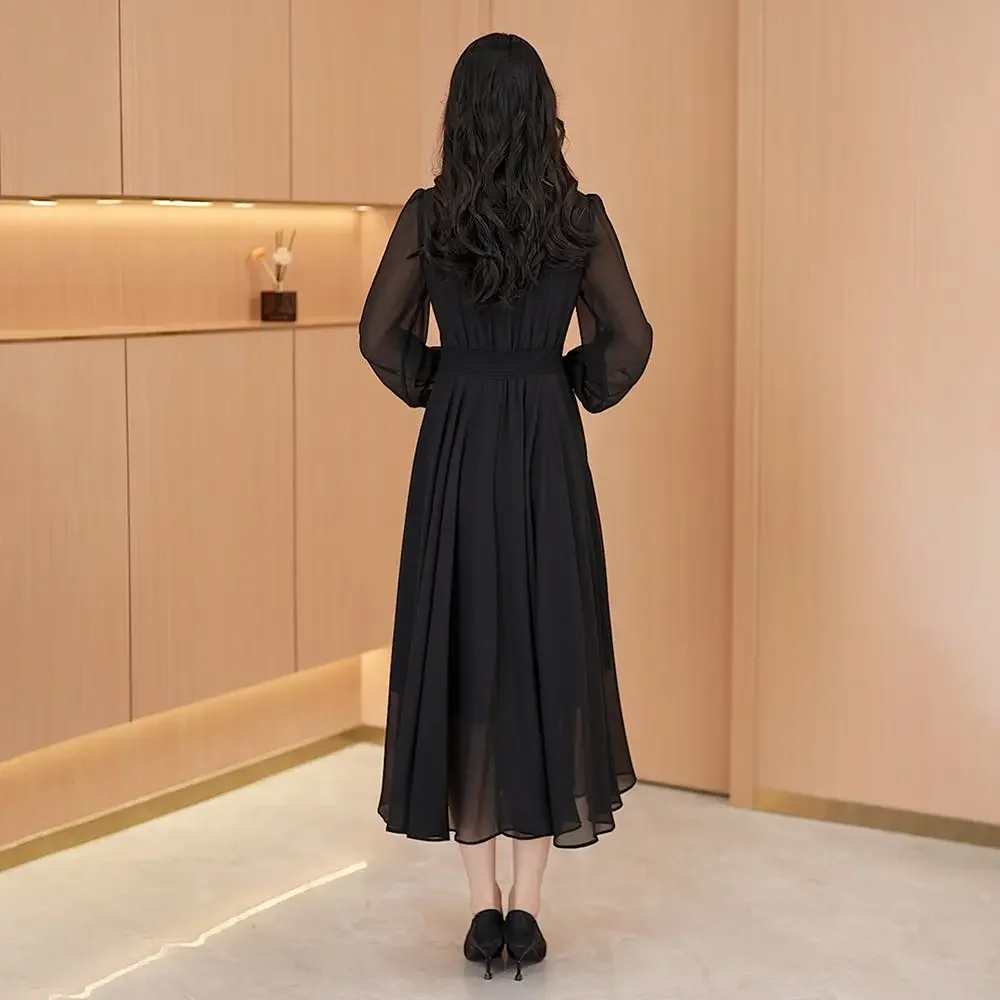 Y2k Spring Solid Black Midi Dress Women New Long Sleeve French Elegant Temperament One Piece Dress Evening Party Prom Robe Lady