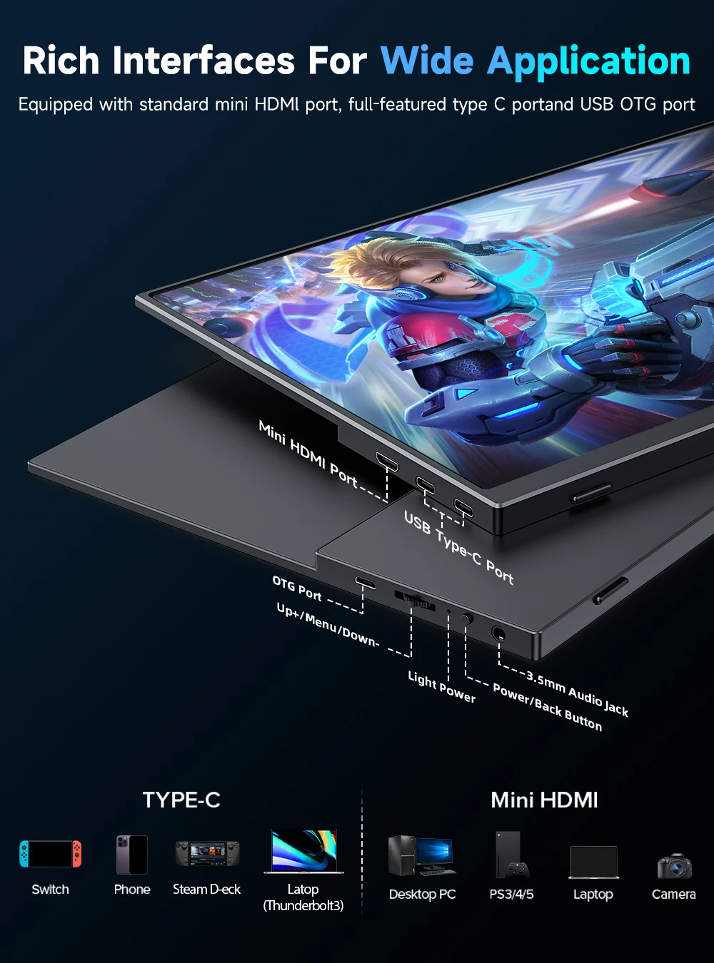 13.4 Inch 4K Portable Monitor 3840x2400 IPS Screen 100% sRGB 500Nits Travel Screen Laptop PC Phone Xbox Gaming External Display