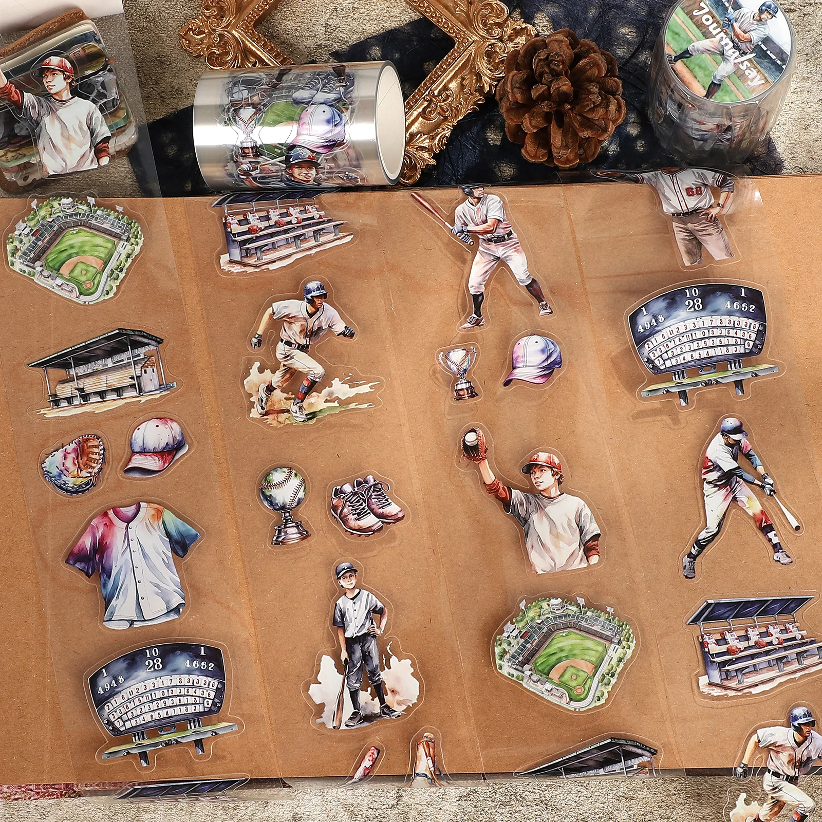 เทป PET ลายวินเทจ ขนาด 60 มม.*200 ซม. ลายเบสบอล ทิวทัศน์ สำหรับงาน DIY สร้างสรรค์ วัสดุตกแต่งสมุดบันทึก คอลลาจ สมุดภาพ เครื่องเขียน