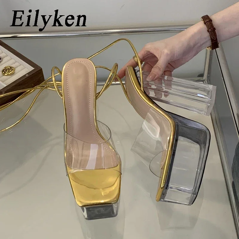 Eilyken Sexy Ankle Strap Open Peep Toe CRYSTAL Transparen Platform High Heels Women\'s Sandals Nightclub Summer Shoes