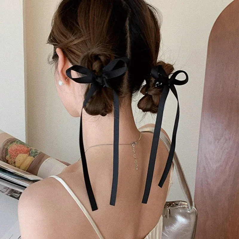 2PC/Set Long Ribbon Bow Hair Clip Fashion Sweet Black Mini Clips Hair Claw Headdress