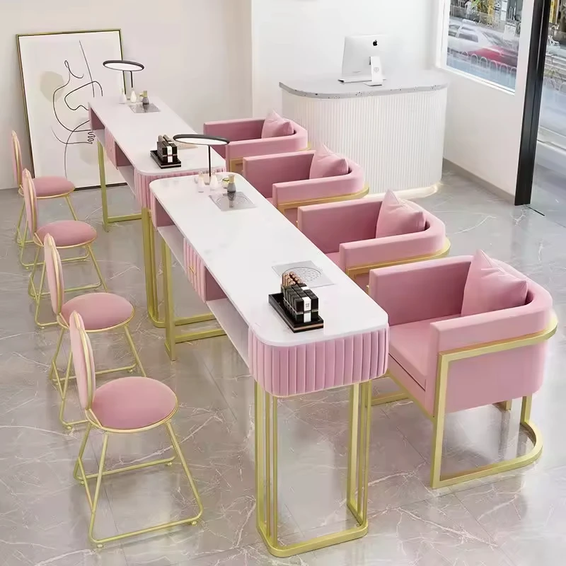 Luxury Nail Table with White Top and Pink Velvet Edge Sturdy Gold Metal Structure for Nail Salon