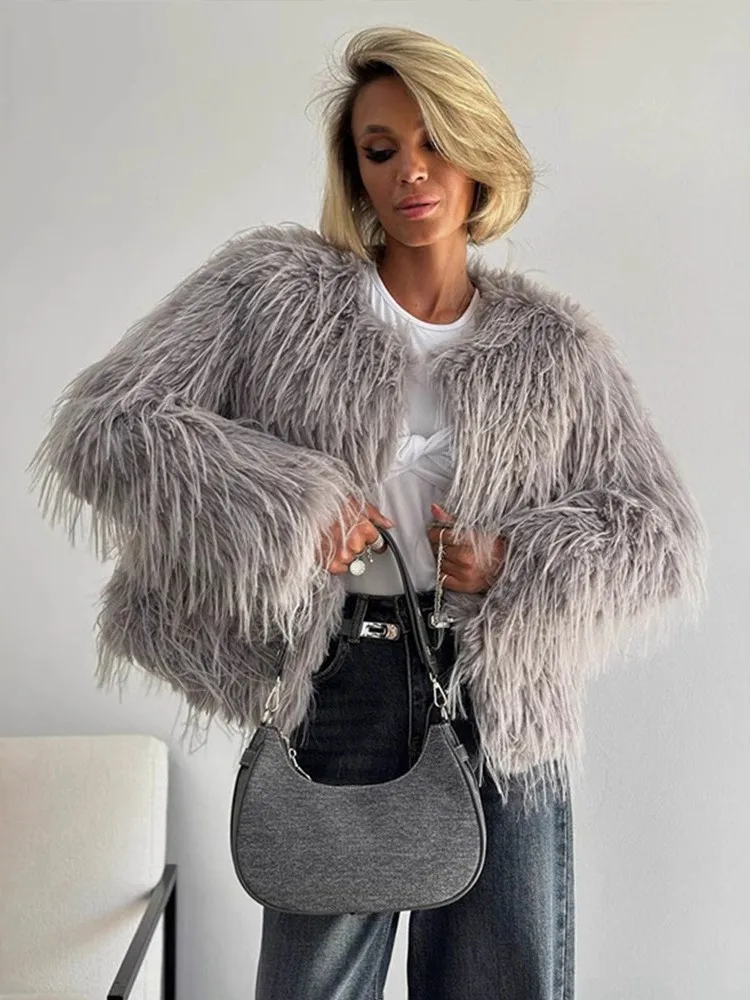 Lange Haare Elegante Winter Frauen Nerz Pelzmantel Mehrfarbige Rundhals Weibliche Faux Pelzmantel Lange Haare Gemütliche Dame Künstliche Pelzmantel