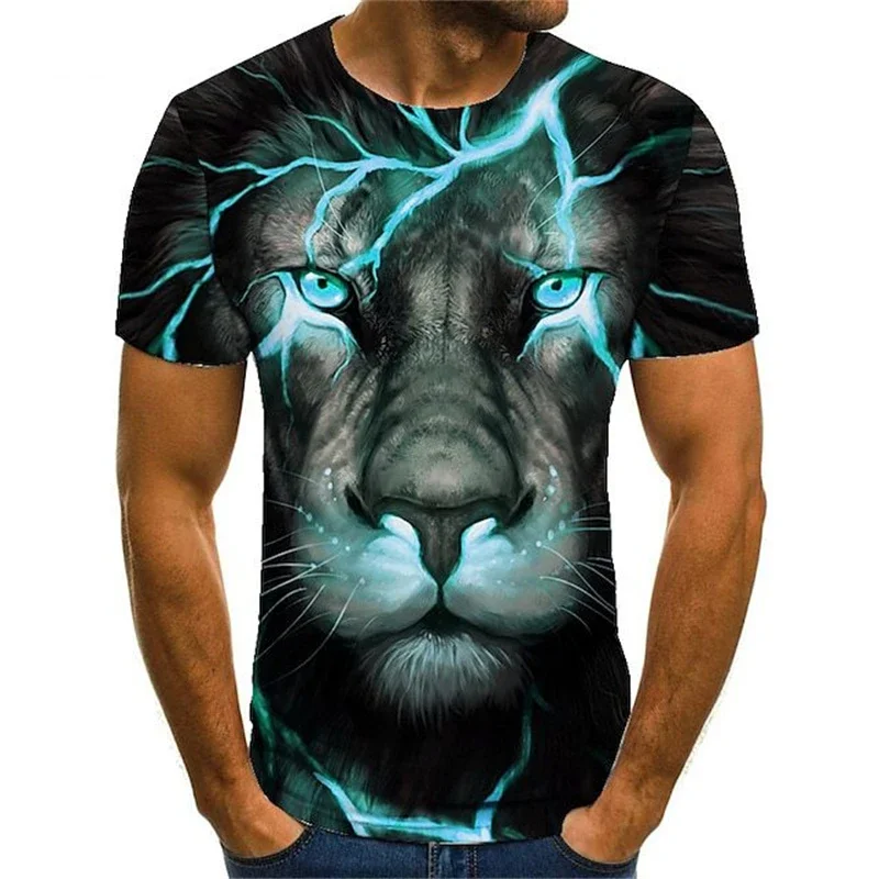Herren-T-Shirt mit Löwen-Blitz-Print, blaue Augen, Rundhalsausschnitt, kurze Ärmel, coole Streetwear, lässiges, atmungsaktives Oberteil