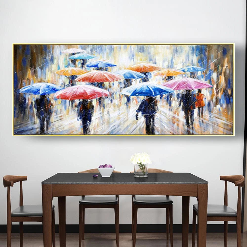 Rainbow Rainy Season Scenery Pedestrian With Umbrella 100% Handpainted Oil Painting On Canvas Large Home Life Picture Decor Wall