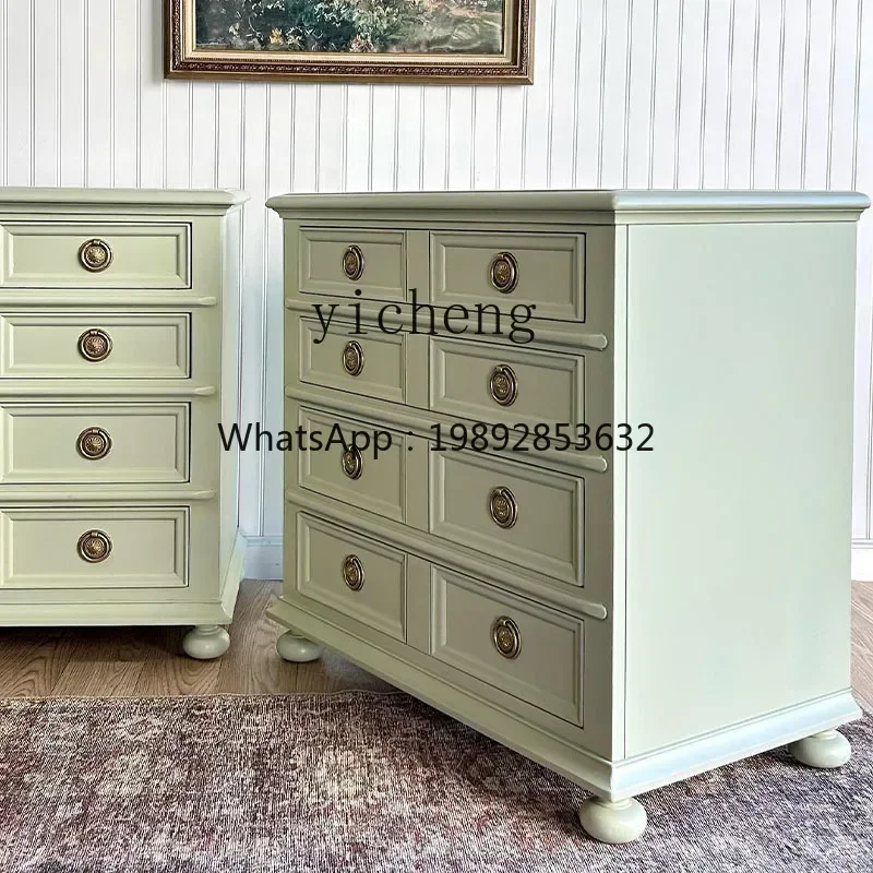 D1French Style Mint Green Solid Wood Drawer Bedside Storage Cabinet Home Bedroom Storage Cabinet