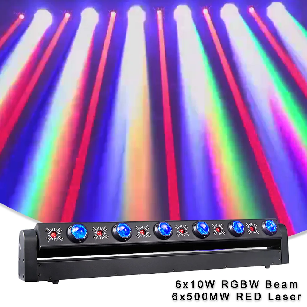 YUER LED 6x10W RGBW Beam + 6x500MW Red Laser Moving Bar Strobe Effect DMX512 Control For Dj Disco Club Wedding Stage Lighting