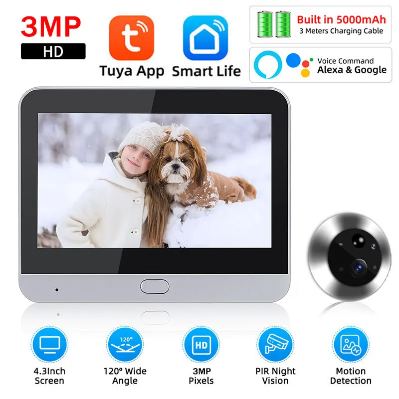 3MP Tuya Peephole Phone Camera Smart WiFi Video Wifi Silence 4.3inch Eye 5000mAh PIR Motion Alarm Alexa Door Phone Big Viewer