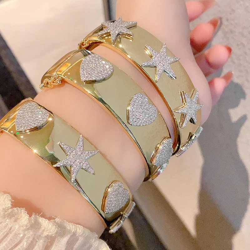 

Chunky Heavy Wide Gold Color Bangle Bracelet Pave Crystal Full Zircon Heart Star Fashion Party Jewelry For Women Gift