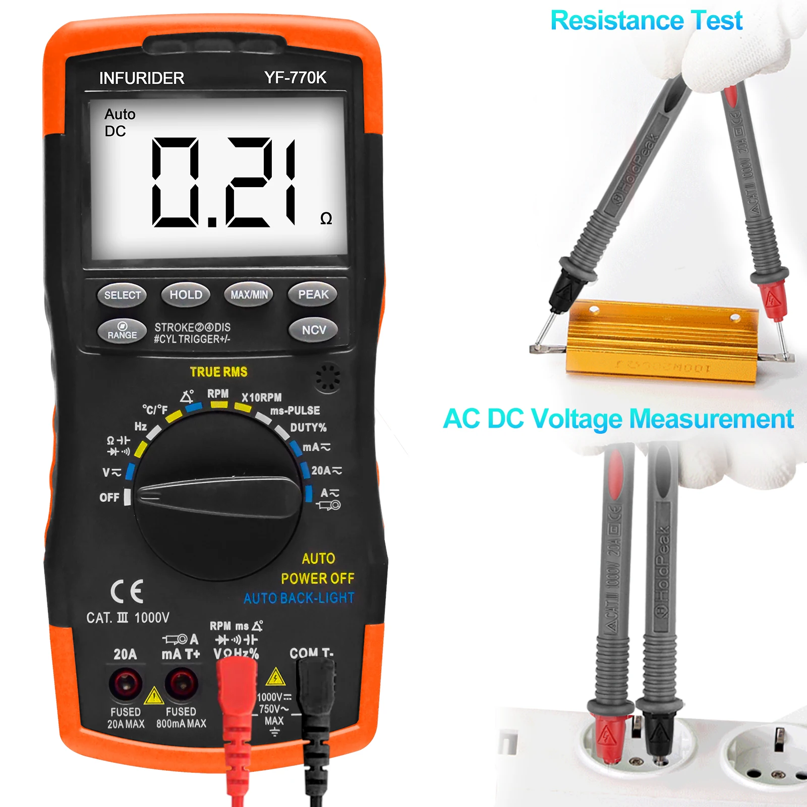 Holdpeak 770K Automotive Engine Analyzer Multimeter RPM Dwell Duty Cycle Pulse Width NCV Temp for Car Repair