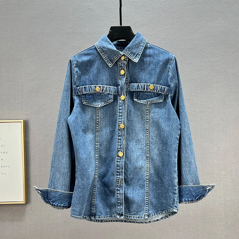 

Женская джинсовая рубашка свободного кроя с длинными рукавами, весенняя, синяя, на одной пуговице, повседневная, универсальная, прямого кроя, из хлопка