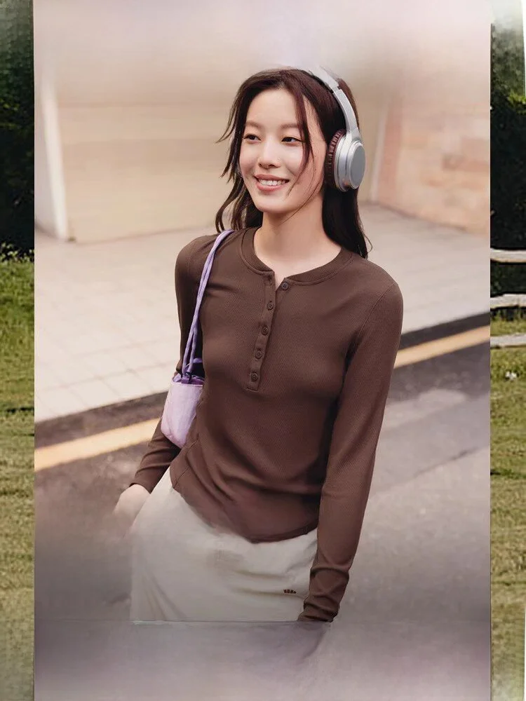 

Slim Fit Long Sve Henry irt Women's T-irt V-ne f Open Collar Bla White Top Breathable Comfortable Casual Wear