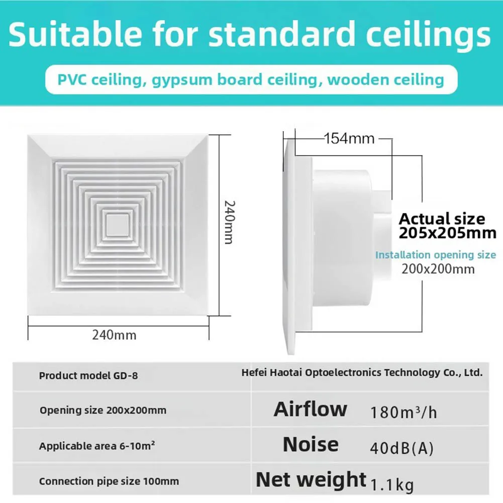 Inline Duct for exhaust Fan for Bathroom Kitchen Toilet Ceiling Mount High CFM 34x34x31CM White Quiet Operation Energy Saving