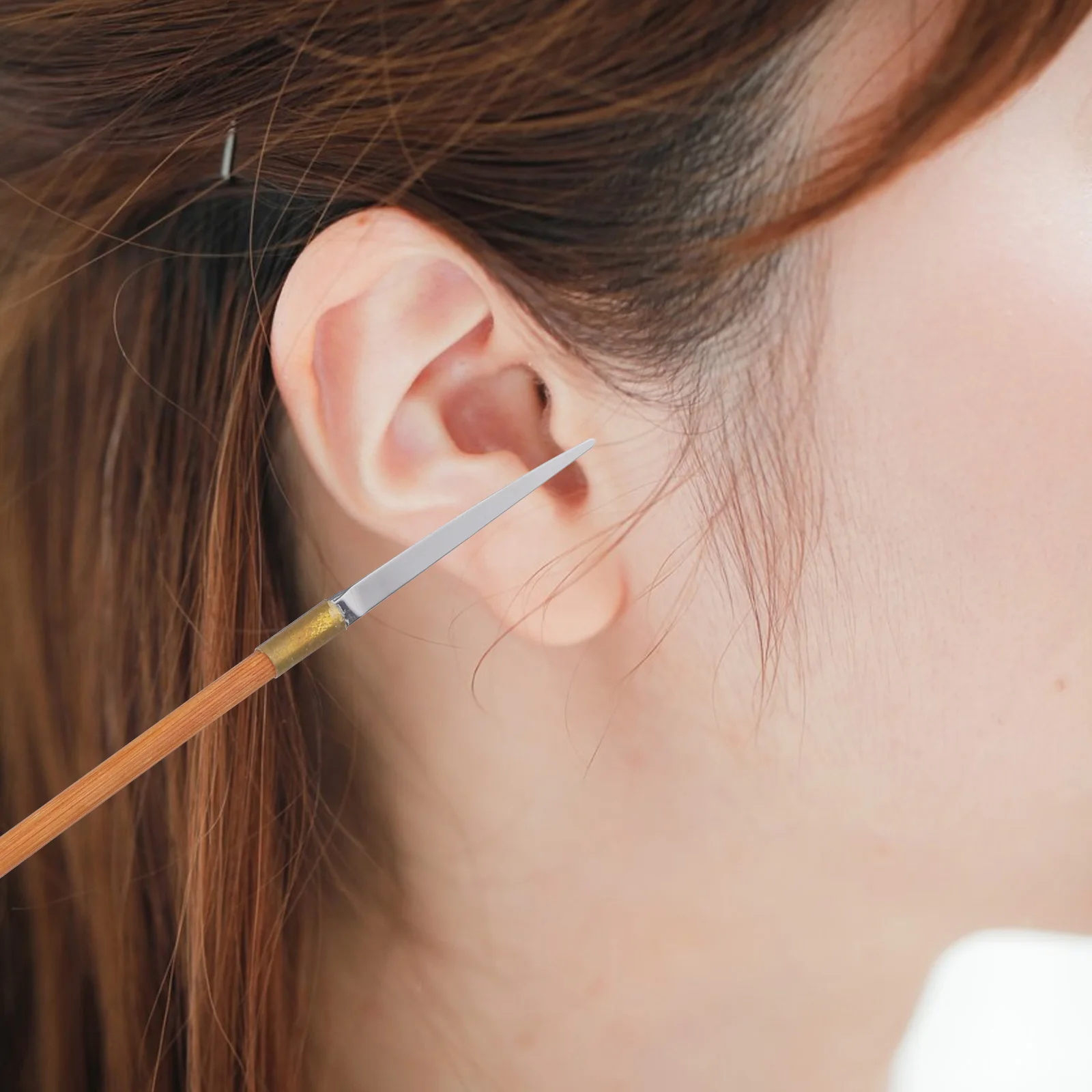 

1pc Bamboo Handle Straight Spoon Stainless Steel Pick For Wax Removal Portable Durable Ear Cleaning Tool Ear Care Supply