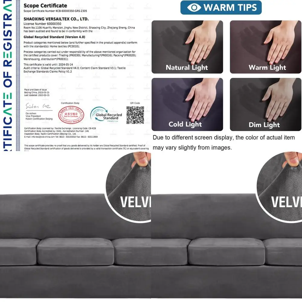 

Luxury High Stretch 4-Piece Velvet Sofa Cover, Form-Fitting, Thick, XL Sofa, Gray, Fits 3-Cushion Couches up to 105 Wide