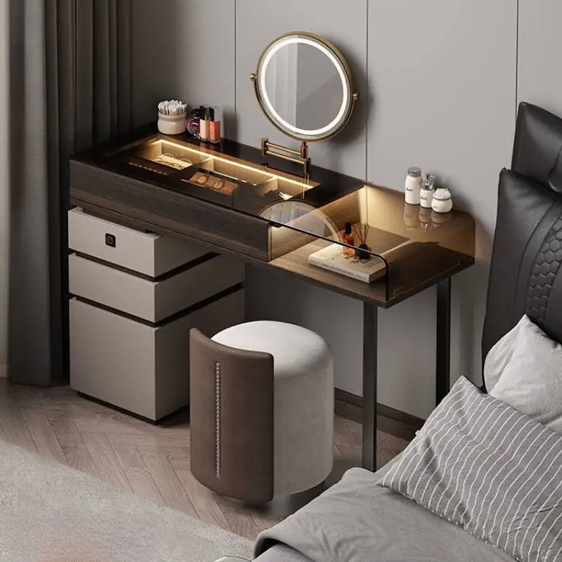 

Luxury Modern Vanity Table Dest Glass Top Brown Solid Wood Drawer Makeup Vanity Desk Mirror Europa Peinadora Tocador Mujer Home