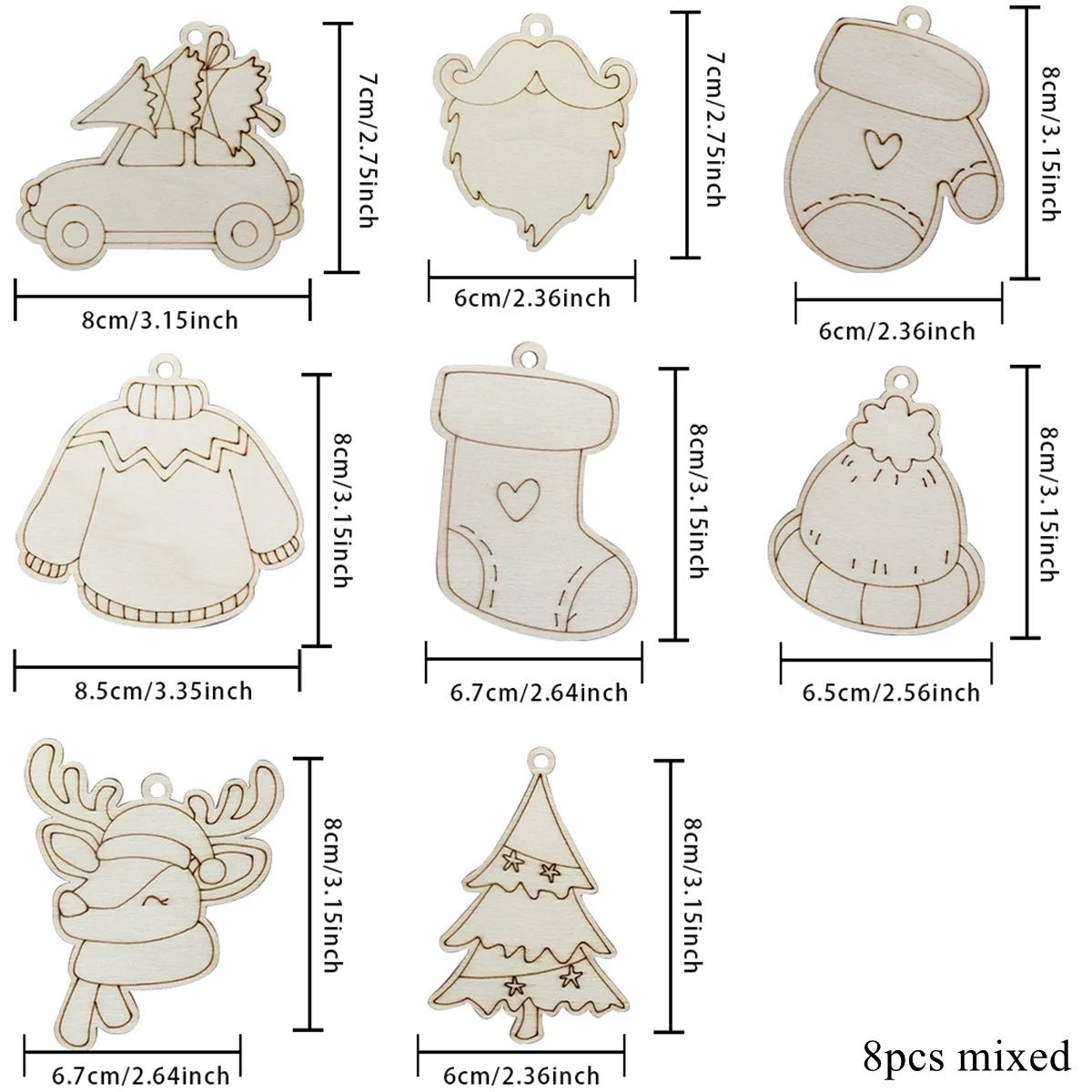 8Pcs Christmas Deer Cart Hat Wooden Ornament Xmas Tree Hanging Pendant For Navidad Party Decor Noel DIY Painting Gifts Supplies