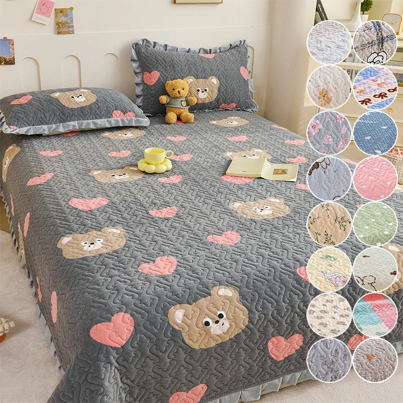 Family Mattress Protector Adult Child Multi Size Printed Bed Sheets Winter Thick Milk Velvet Bedding Three Piece Set on The Bed