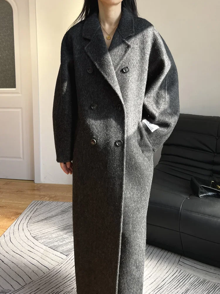 

New Women Loose Double-sided Wool Alpaca Coat Simple Lapel Lace-up Double Breasted Long Woolen Tweed Jacket Female Autumn Winter
