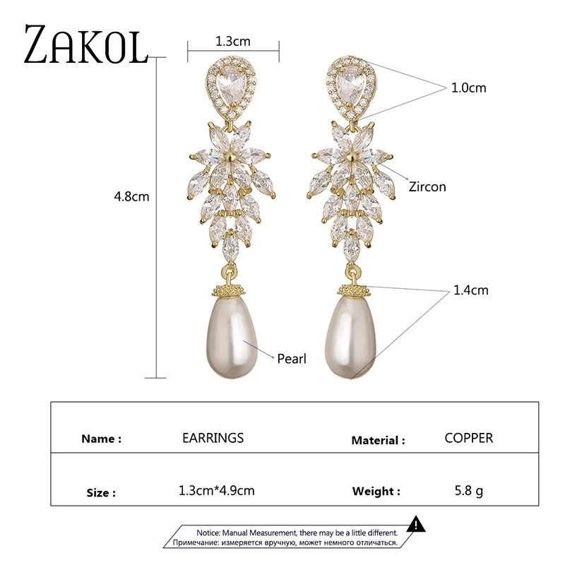 ZAKOL Luxury Pearl Bridal Dangle Earrings for Women Fashion Zircon Leaf Wedding Party Jewelry