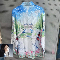 Swan Rose Print Hawaiian Loose Long Sleeve Shirt Men's and Women's Summer Thin Vacation Tops Clothing