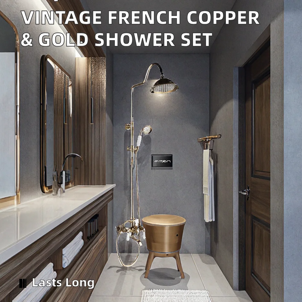 Double Handle Phone Faucet Oil Rub Copper and Gold Brass Shower Set with Rainwater Spray Bath and Shower Head
