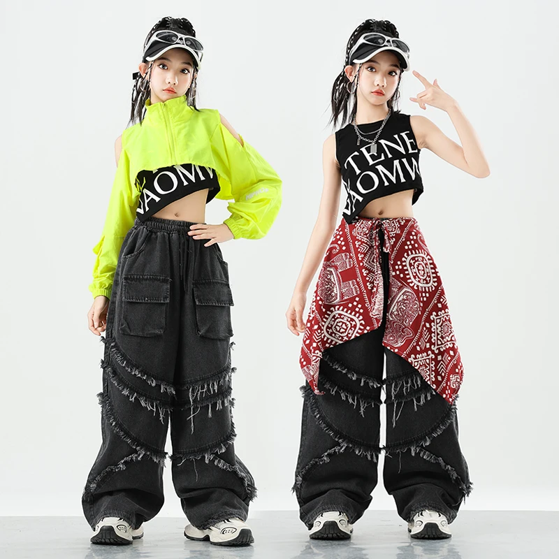 Chaqueta verde corta de Hip Hop para niñas, pantalones vaqueros Cargo de baile callejero, ropa de calle militar para niños, Joggers, conjuntos de ropa de Jazz para niños