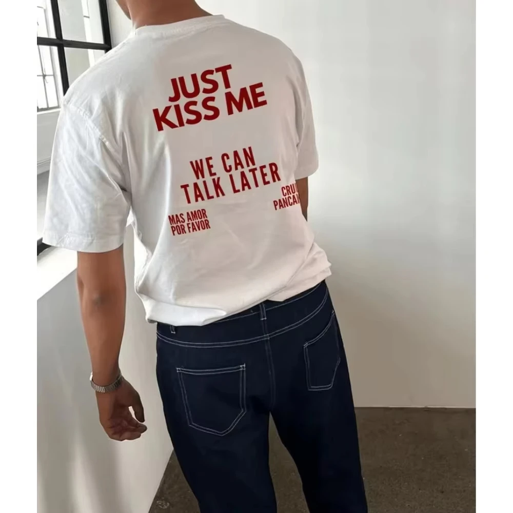 Camiseta de algodão com estampa engraçada Skuggnas Just Kiss Me, camiseta positiva, presente para mulheres e homens, tops casuais, camisetas da moda d
