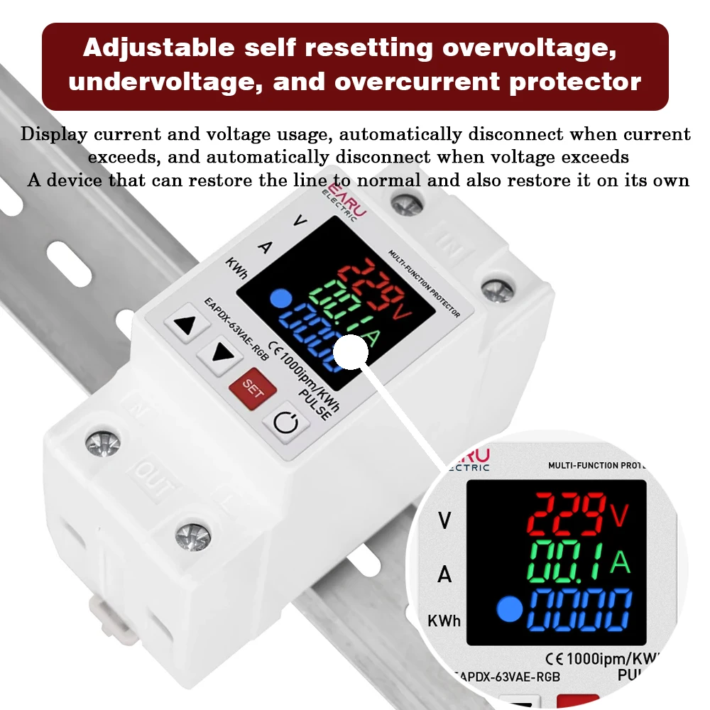 63A 230V 3IN1 Display Din Rail Adjustable Over Voltage Current Under Voltage Protective Device Protector Relay 220V KWH Red Blue