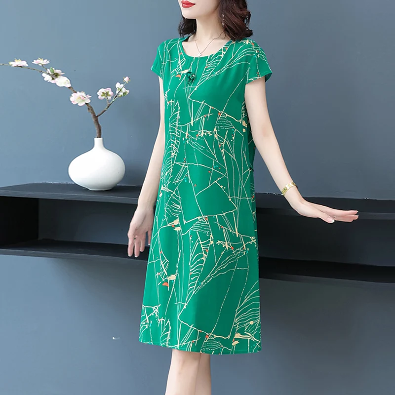 New Summer Dress Floral For Women Printing O-Neck Short Sleeve Casual Loose Vintage Dresses 5XL Vestidos