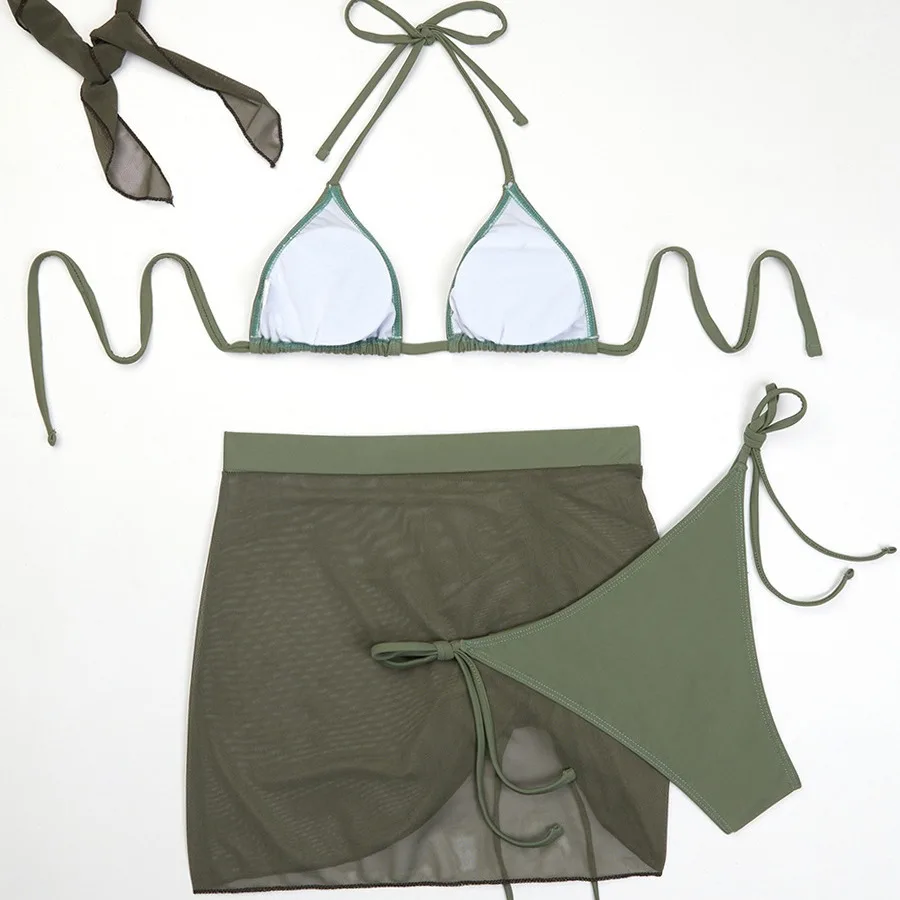 2025 Summer New Fashion Strap Mesh Women Split Swimsuit Simple Solid Color Female Bikini Four Piece Sets