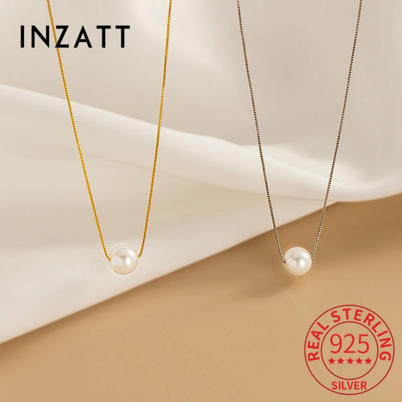 INZATT Real 925 Sterling Silver Round Bead Pearl Pendant Choker Necklace For Charm Women Fine Jewelry Minimalist Accessories