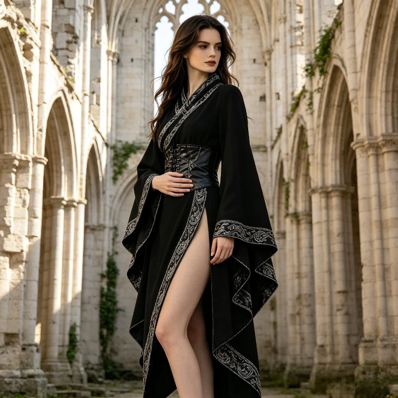 Dark Gothic Chinese Style Cross Collar Women's Retro Punk Waist Cover, Irregular Slit Skirt, Halloween Stage Performance Costume