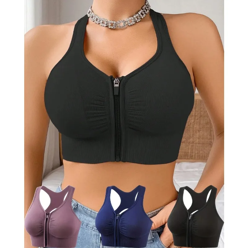 

Summer Plus Size Push Up Sports Bras for Women Zipper Front Cut Out Racer Back Shockproof Fitness Bra Girls Yoga Bralette