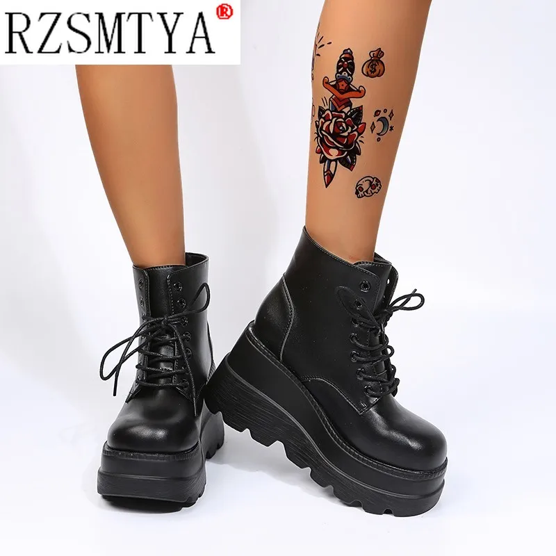 Fashion Trendy Platform High Heels Ankle Boots Women Autumn Winter Add Plush Wedges Shoes High 8cm Stylish Plus Size 36-43