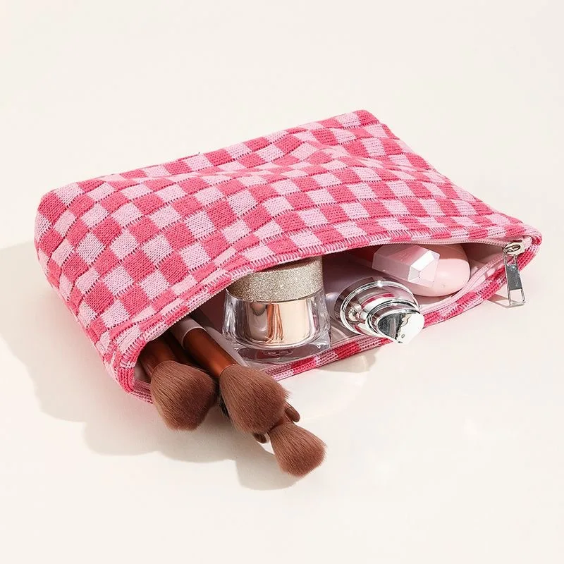 Women Makeup Pouch Checkered Cosmetic Bag Travel Toiletry Bag Organizer Daily Makeup Brushes Aesthetic Accessories Storage Bag