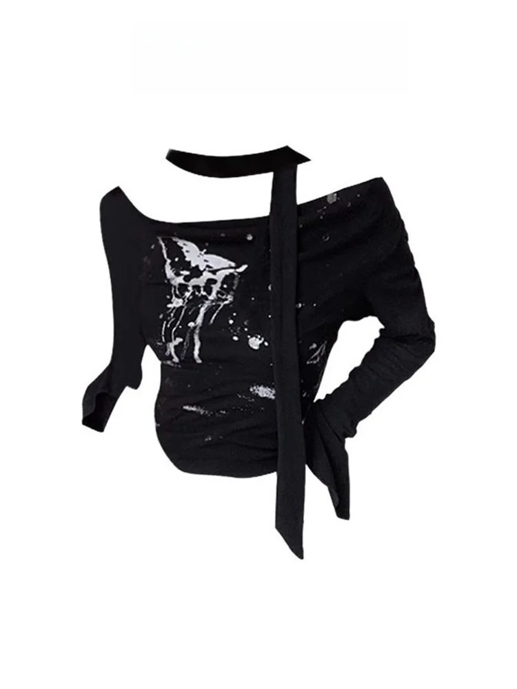 

Футболка oulder-Open Long Sve, женская облегающая футболка с принтом, весна-осень, новинка Sle Commute Sle ort Length Other Mate...