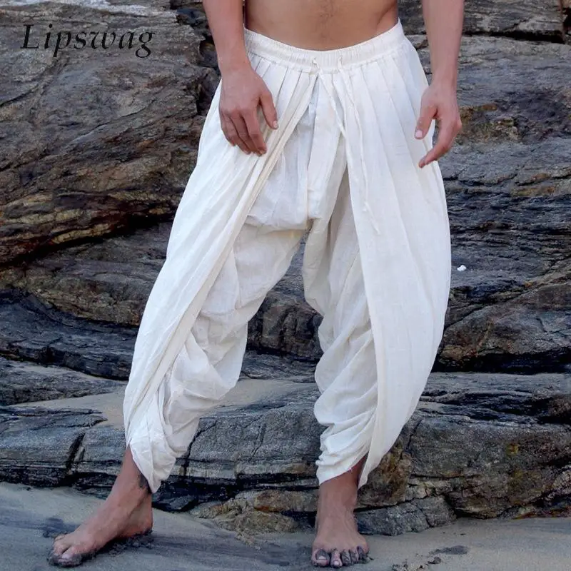 

Винтажные свободные дышащие мужские брюки, стильные, на шнурке, с завязками, свободного кроя, весенние, новые, повседневные, однотонные, с драпировкой, для пляжа