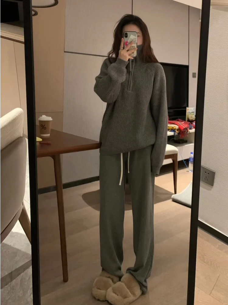 

Korean Sle Soft ey High Collar f Zip Loose Knitted irt Women's Thiened Sweater Commute Sle Long Sve Autumn Wear